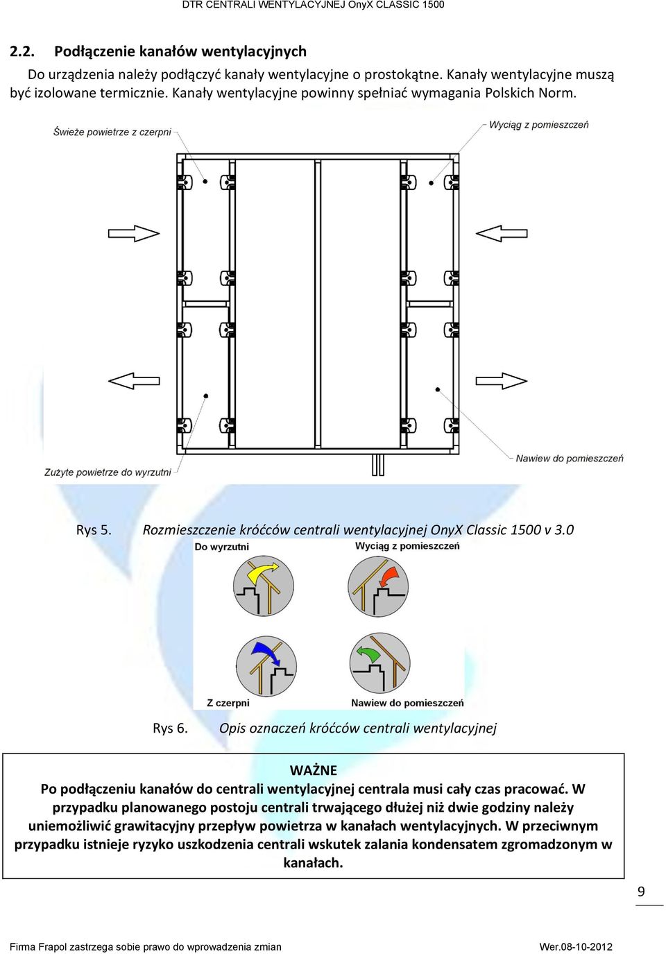 Opis oznaczeń króćców centrali wentylacyjnej WAŻNE Po podłączeniu kanałów do centrali wentylacyjnej centrala musi cały czas pracować.