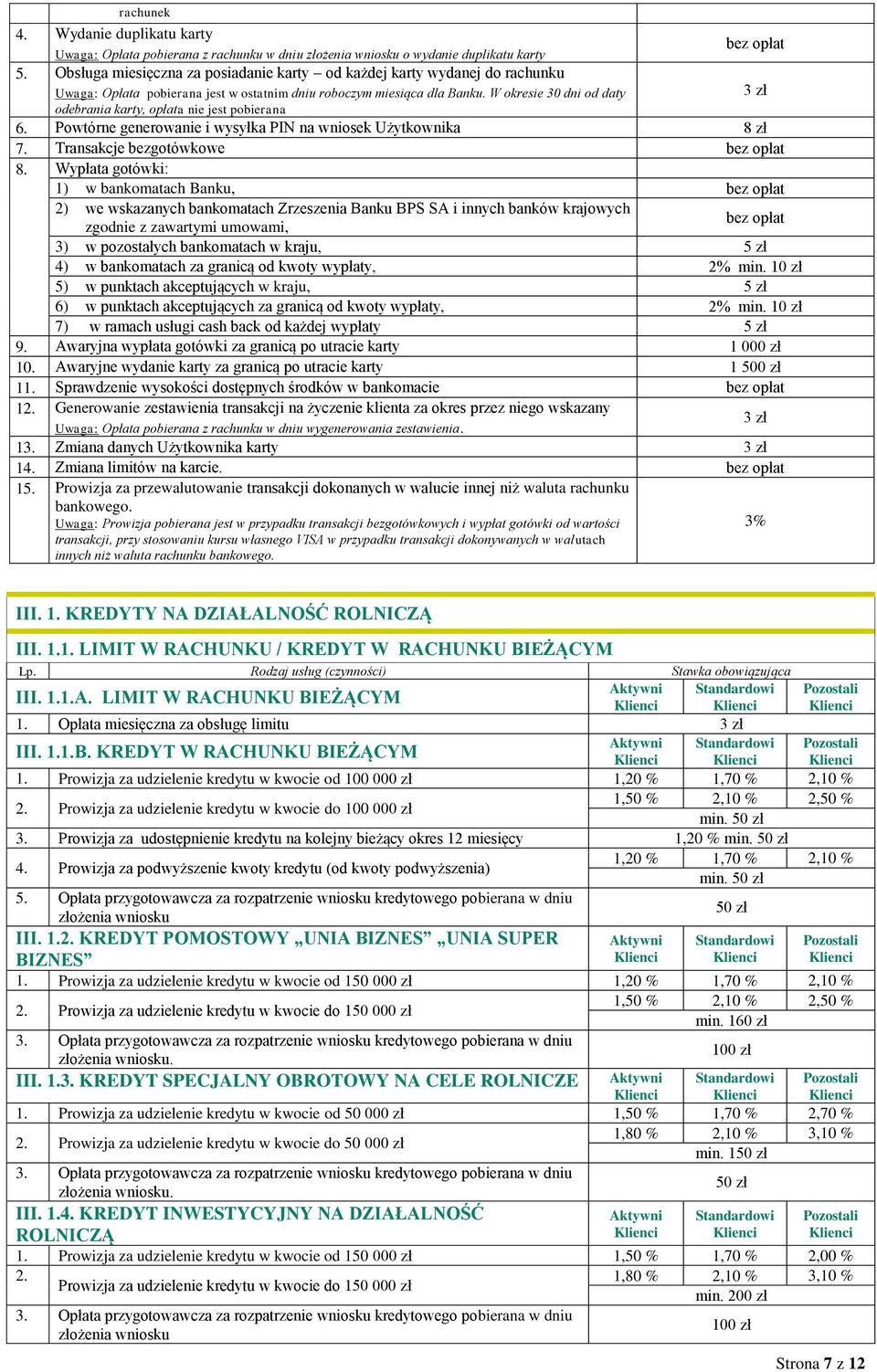 W okresie 30 dni od daty 3 zł odebrania karty, opłata nie jest pobierana 6. Powtórne generowanie i wysyłka PIN na wniosek Użytkownika 8 zł 7. Transakcje bezgotówkowe 8.