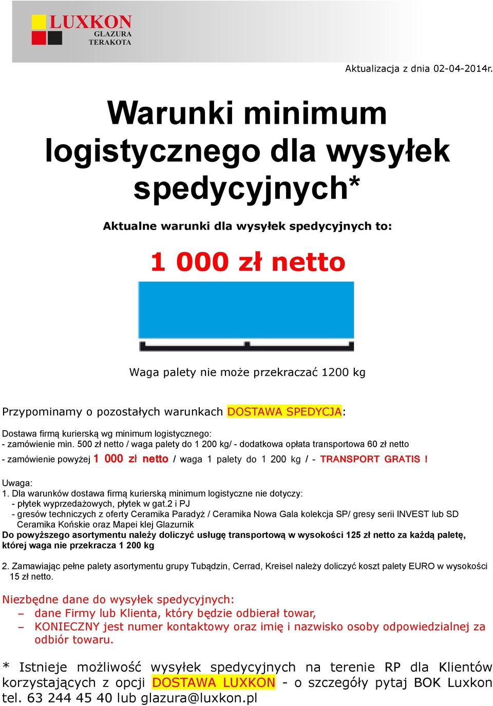 DOSTAWA SPEDYCJA: Dostawa firmą kurierską wg minimum logistycznego: - zamówienie min.