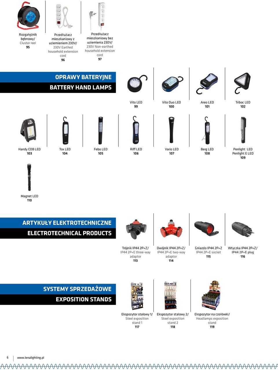 Penlight LED Penlight E LED 109 Magnet LED 110 ARTYKUŁY ELEKTROTECHNICZNE ELECTROTECHNICAL PRODUCTS Trójnik IP44 2P+Z/ IP44 2P+E three-way adaptor 113 Dwójnik IP44 2P+Z/ IP44 2P+E two-way adaptor 114
