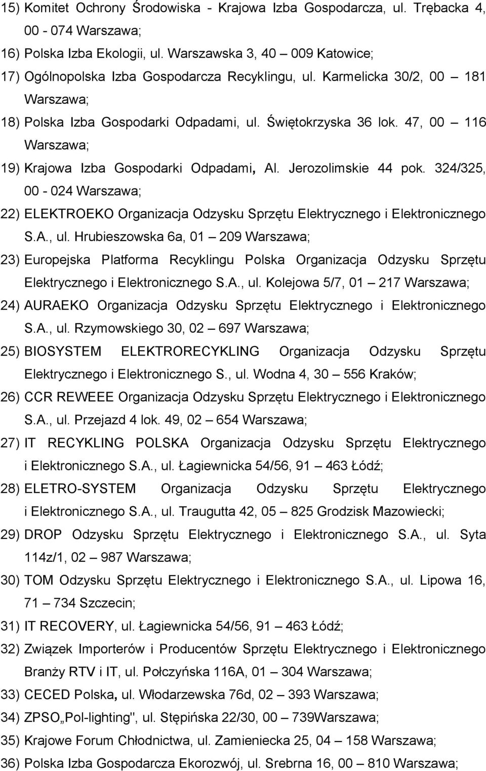 47, 00 116 Warszawa; 19) Krajowa Izba Gospodarki Odpadami, Al. Jerozolimskie 44 pok. 324/325, 00-024 Warszawa; 22) ELEKTROEKO Organizacja Odzysku Sprzętu Elektrycznego i Elektronicznego S.A., ul.