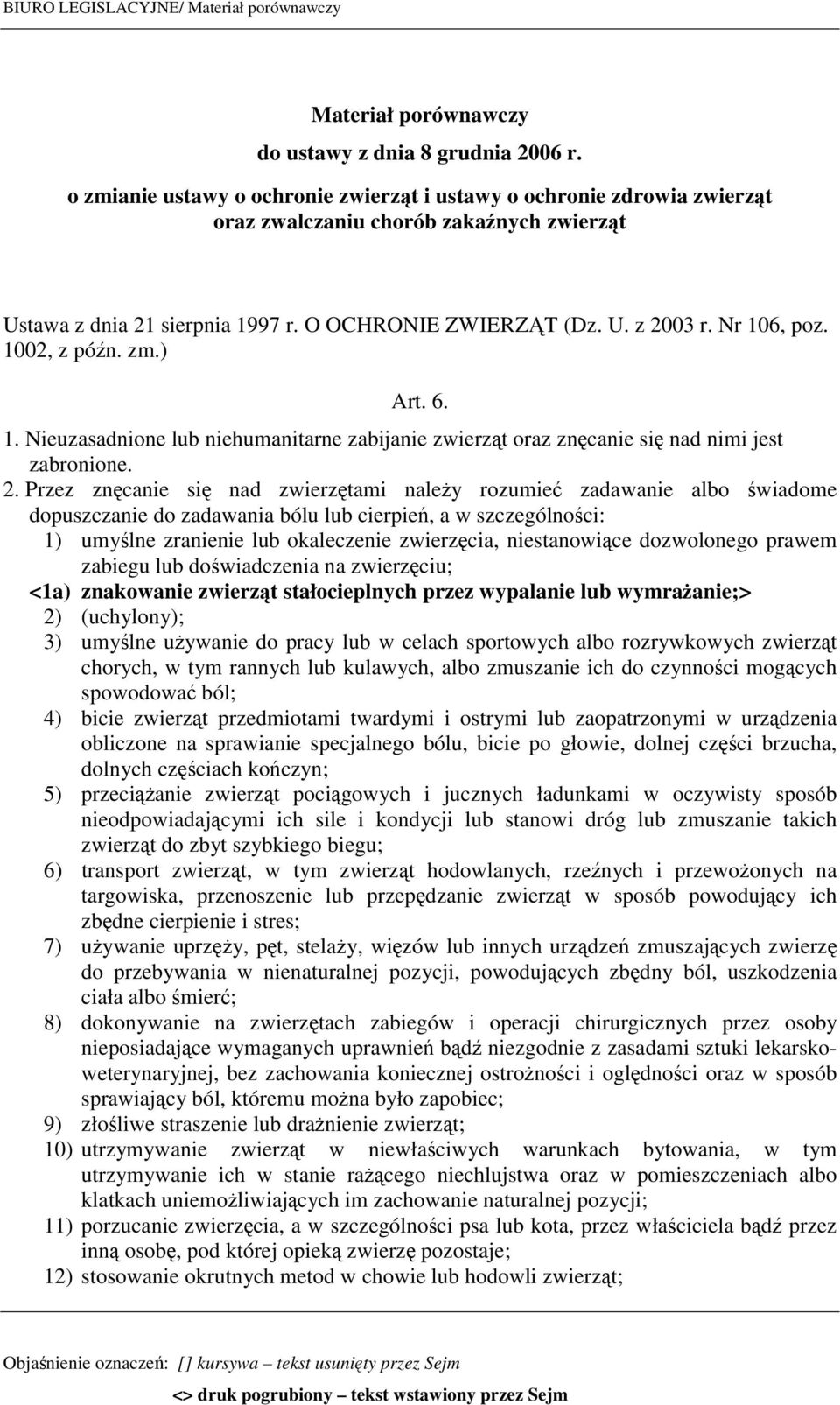 1002, z późn. zm.) Art. 6. 1. Nieuzasadnione lub niehumanitarne zabijanie zwierząt oraz znęcanie się nad nimi jest zabronione. 2.