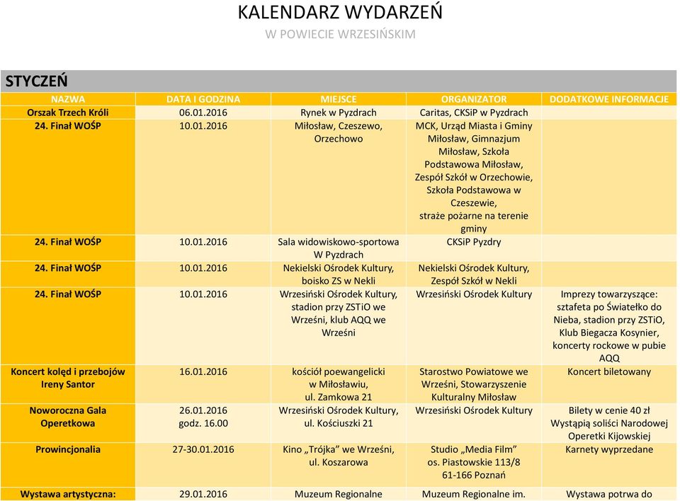01.2016 kościół poewangelicki 26.01.2016 Wrzesiński Ośrodek, Prowincjonalia 27-30.01.2016 Kino Trójka we, ul.