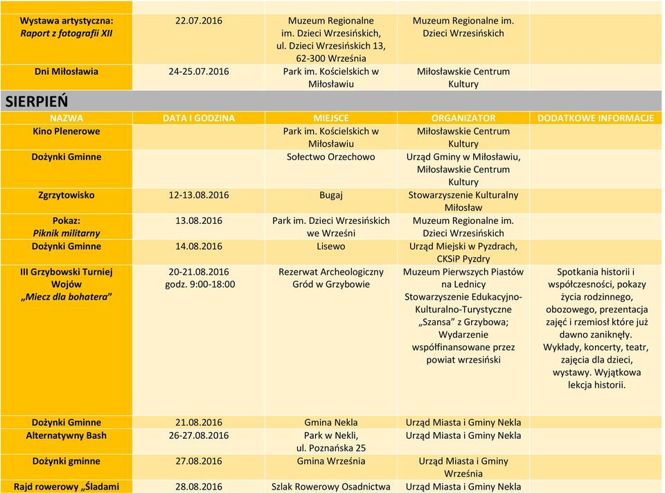 we Dożynki Gminne 14.08.2016 Lisewo Urząd Miejski w Pyzdrach, III Grzybowski Turniej Wojów Miecz dla bohatera 20-21.08.2016 godz.