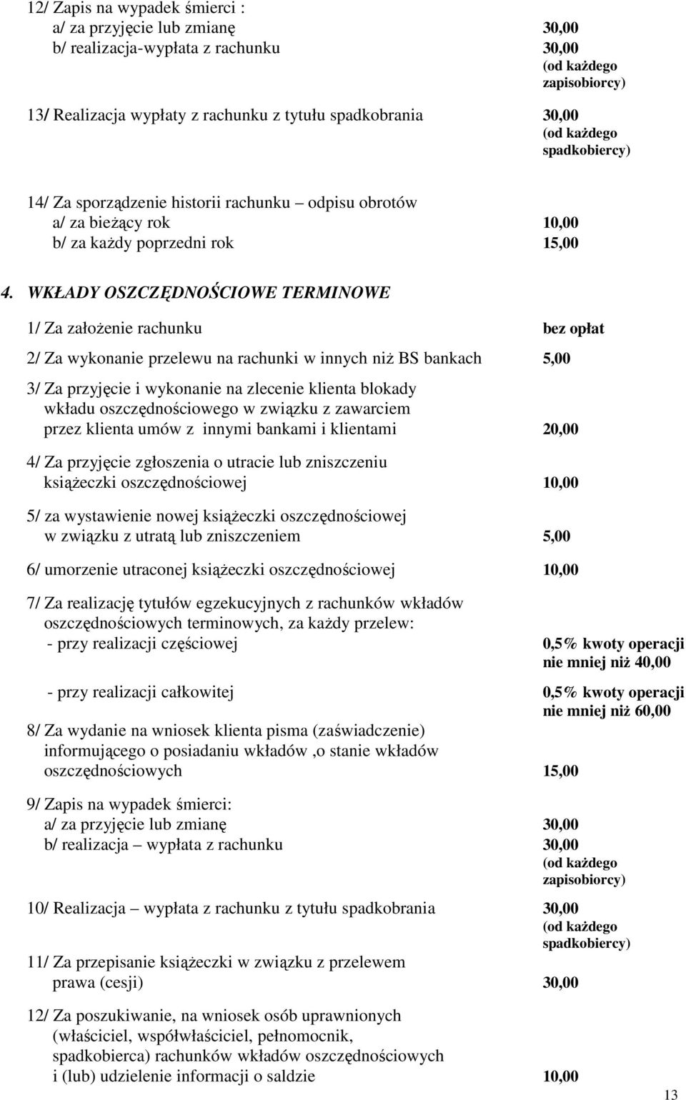 WKŁADY OSZCZĘDNOŚCIOWE TERMINOWE 1/ Za założenie rachunku bez opłat 2/ Za wykonanie przelewu na rachunki w innych niż BS bankach 5,00 3/ Za przyjęcie i wykonanie na zlecenie klienta blokady wkładu