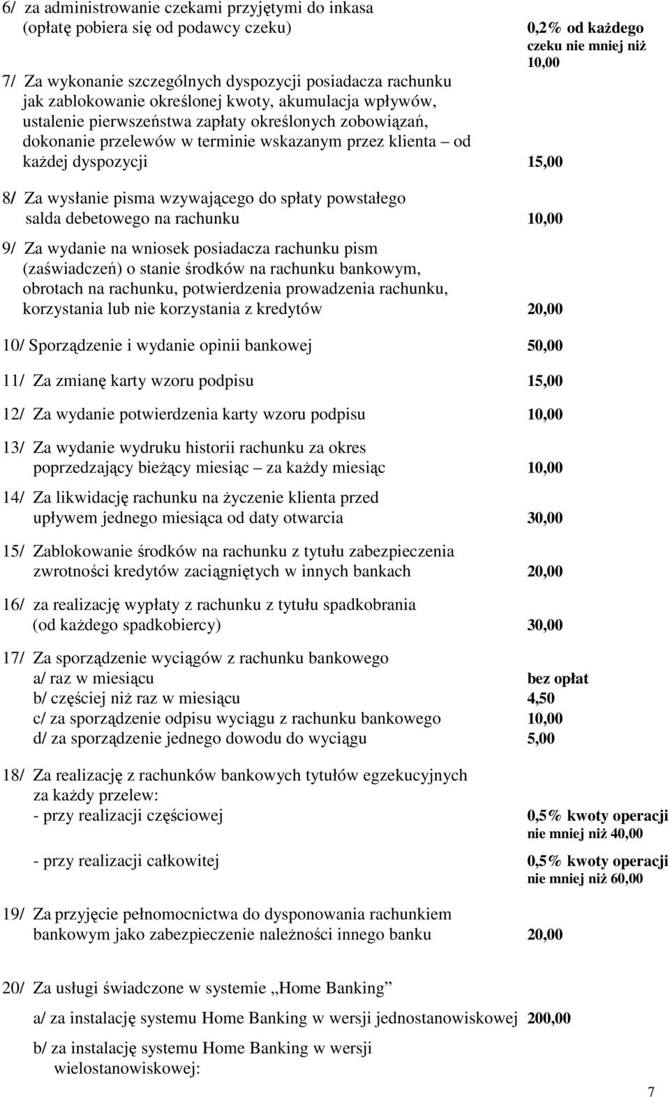 powstałego salda debetowego na rachunku 10,00 9/ Za wydanie na wniosek posiadacza rachunku pism (zaświadczeń) o stanie środków na rachunku bankowym, obrotach na rachunku, potwierdzenia prowadzenia