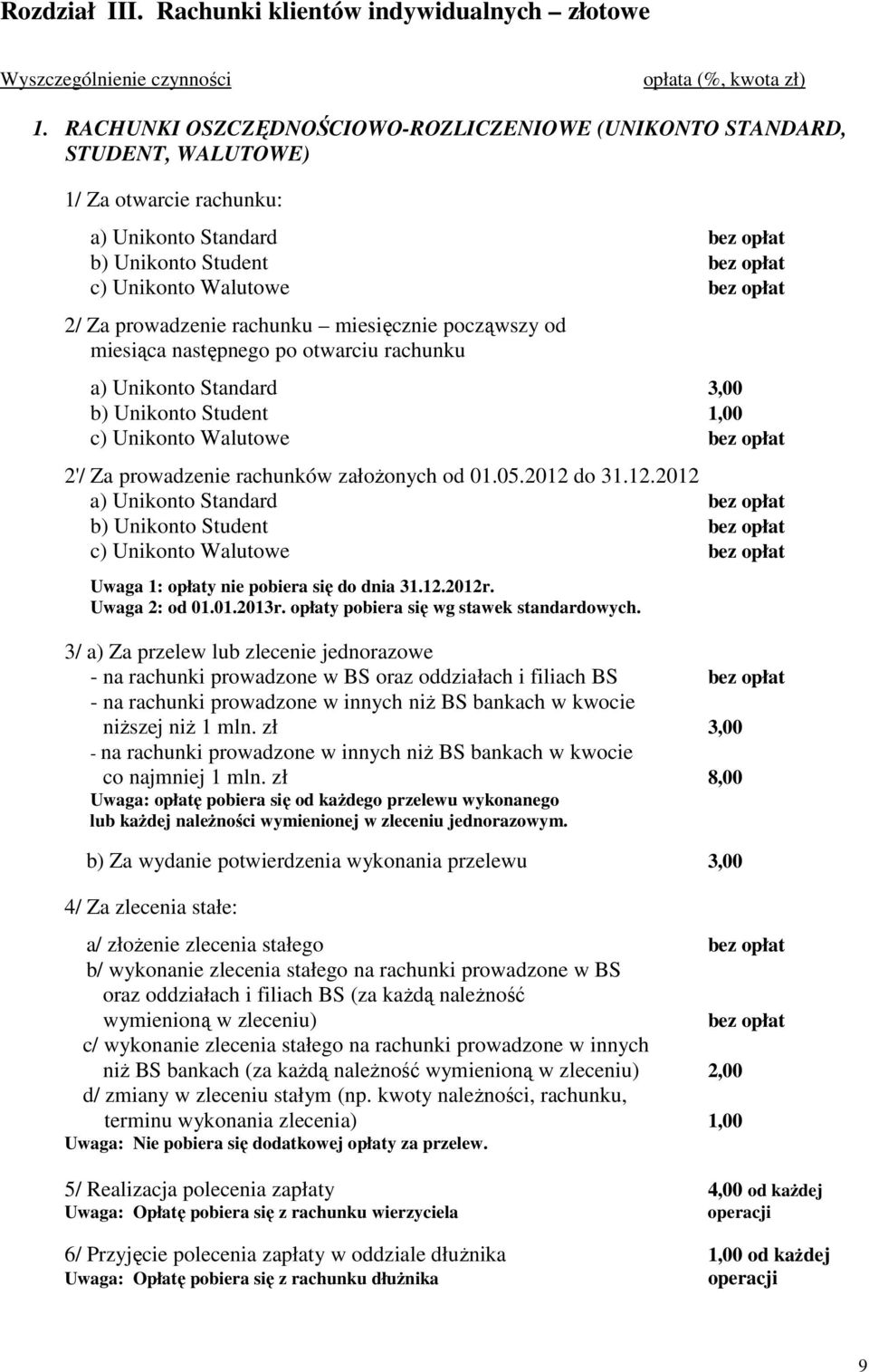 Za prowadzenie rachunku miesięcznie począwszy od miesiąca następnego po otwarciu rachunku a) Unikonto Standard 3,00 b) Unikonto Student 1,00 c) Unikonto Walutowe bez opłat 2'/ Za prowadzenie