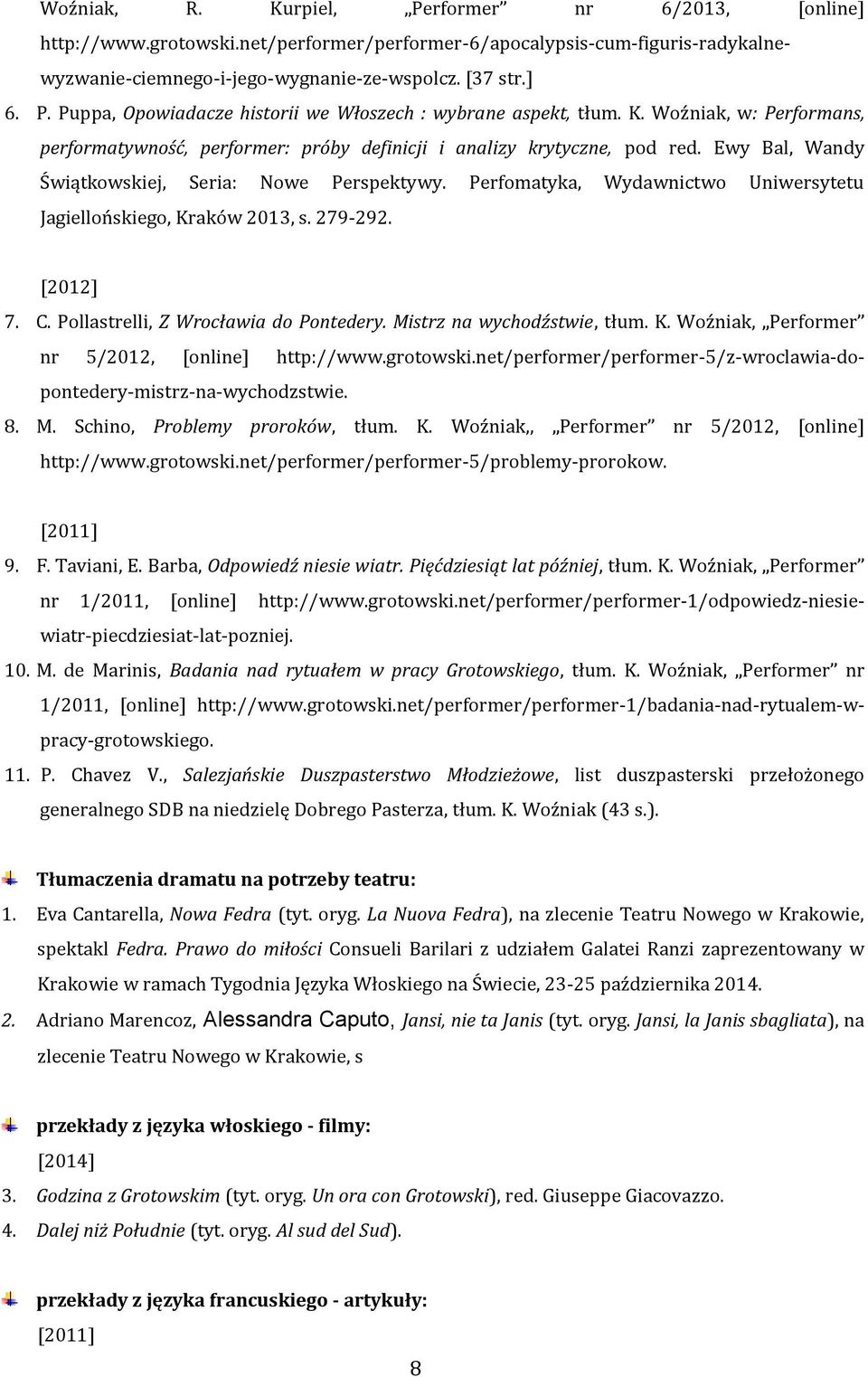 Perfomatyka, Wydawnictwo Uniwersytetu Jagiellońskiego, Kraków 2013, s. 279-292. 7. C. Pollastrelli, Z Wrocławia do Pontedery. Mistrz na wychodźstwie, tłum. K. Woźniak, Performer nr 5/2012, [online] http://www.