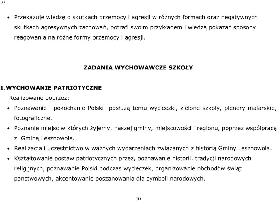 Poznanie miejsc w których żyjemy, naszej gminy, miejscowości i regionu, poprzez współpracę z Gminą Lesznowola. Realizacja i uczestnictwo w ważnych wydarzeniach związanych z historią Gminy Lesznowola.