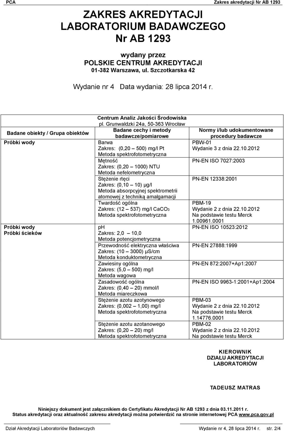 spektrometrii atomowej z techniką amalgamacji Twardość ogólna Zakres: (12 537) mg/l CaCO3 Przewodność elektryczna właściwa Zakres: (10 3000) µs/cm Metoda konduktometryczna Zawiesiny ogólna Zakres: