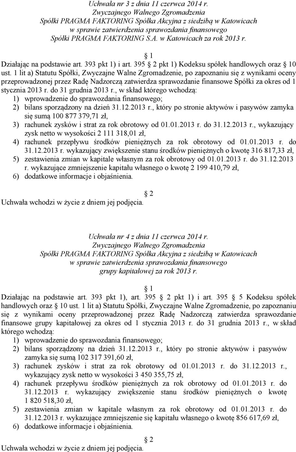 1 lit a) Statutu Spółki, Zwyczajne Walne Zgromadzenie, po zapoznaniu się z wynikami oceny przeprowadzonej przez Radę Nadzorczą zatwierdza sprawozdanie finansowe Spółki za okres od 1 stycznia 2013 r.