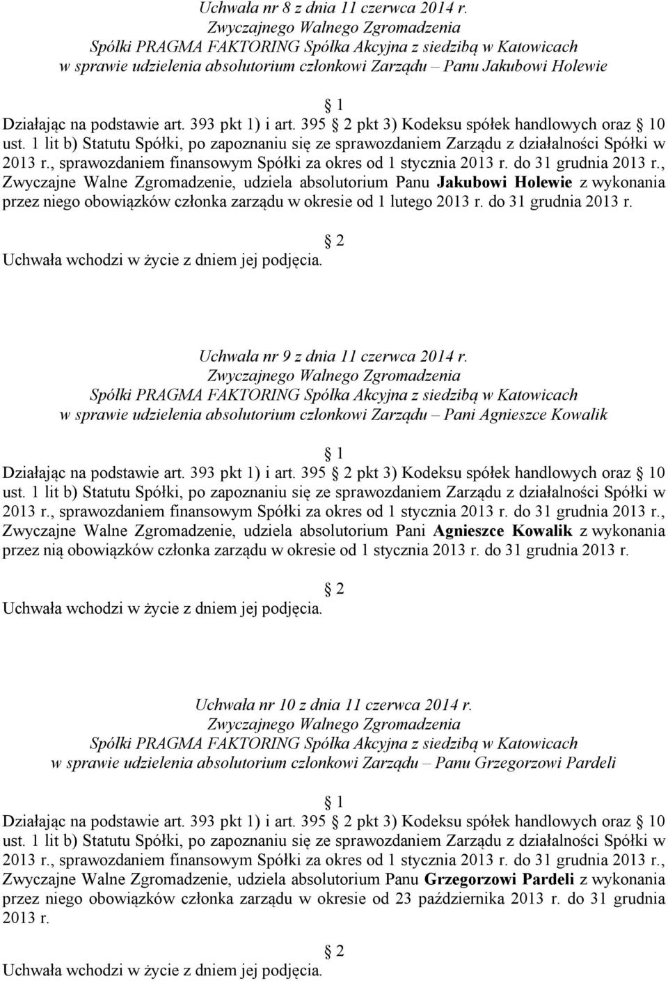 do 31 grudnia 2013 r. Uchwała nr 9 z dnia 11 czerwca 2014 r. w sprawie udzielenia absolutorium członkowi Zarządu Pani Agnieszce Kowalik Działając na podstawie art. 393 pkt 1) i art.