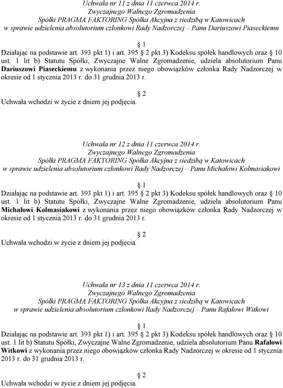 1 lit b) Statutu Spółki, Zwyczajne Walne Zgromadzenie, udziela absolutorium Panu Dariuszowi Piaseckiemu z wykonania przez niego obowiązków członka Rady Nadzorczej w okresie od 1 stycznia 2013 r.