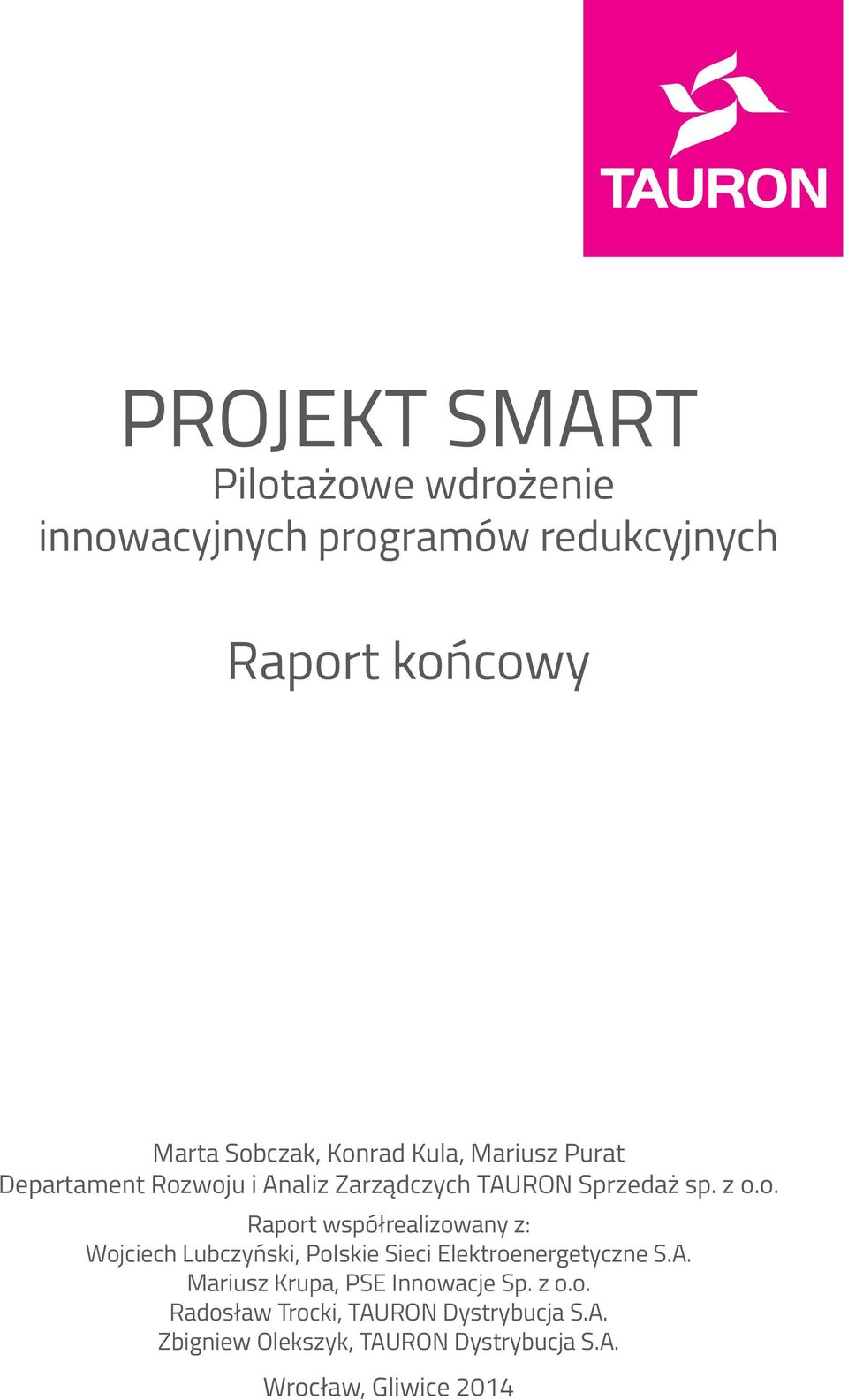 woju i Analiz Zarządczych TAURON Sprzedaż sp. z o.o. Raport współrealizowany z: Wojciech Lubczyński, Polskie Sieci Elektroenergetyczne S.