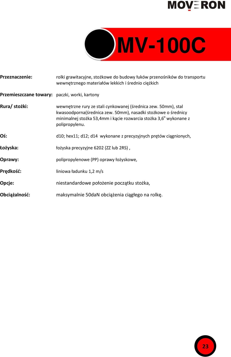 50mm), nasadki stożkowe o średnicy minimalnej stożka 53,4mm i kącie rozwarcia stożka 3,6 o wykonane z polipropylenu.