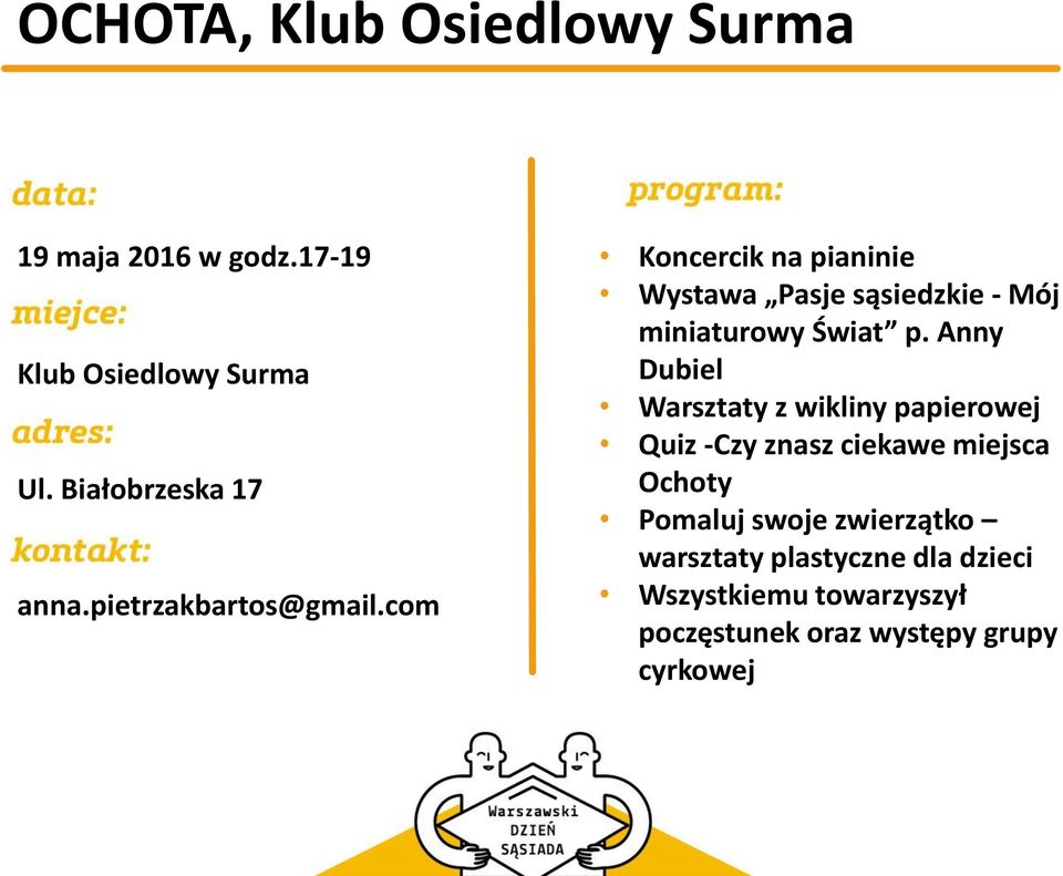 Anny Dubiel Warsztaty z wikliny papierowej Quiz -Czy znasz ciekawe miejsca Ochoty Pomaluj swoje