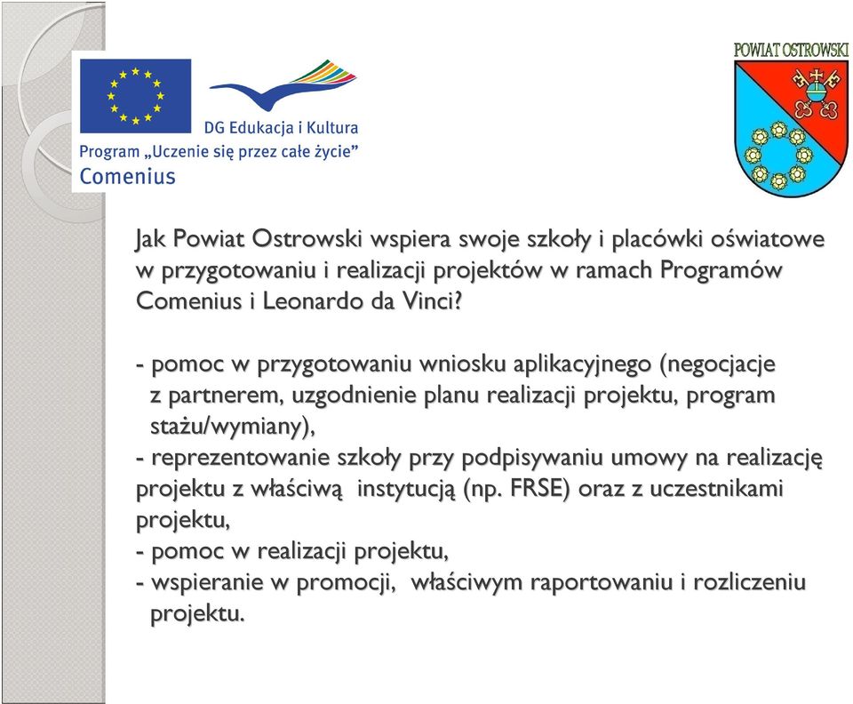 - pomoc w przygotowaniu wniosku aplikacyjnego (negocjacje z partnerem, uzgodnienie planu realizacji projektu, program stażu/wymiany),