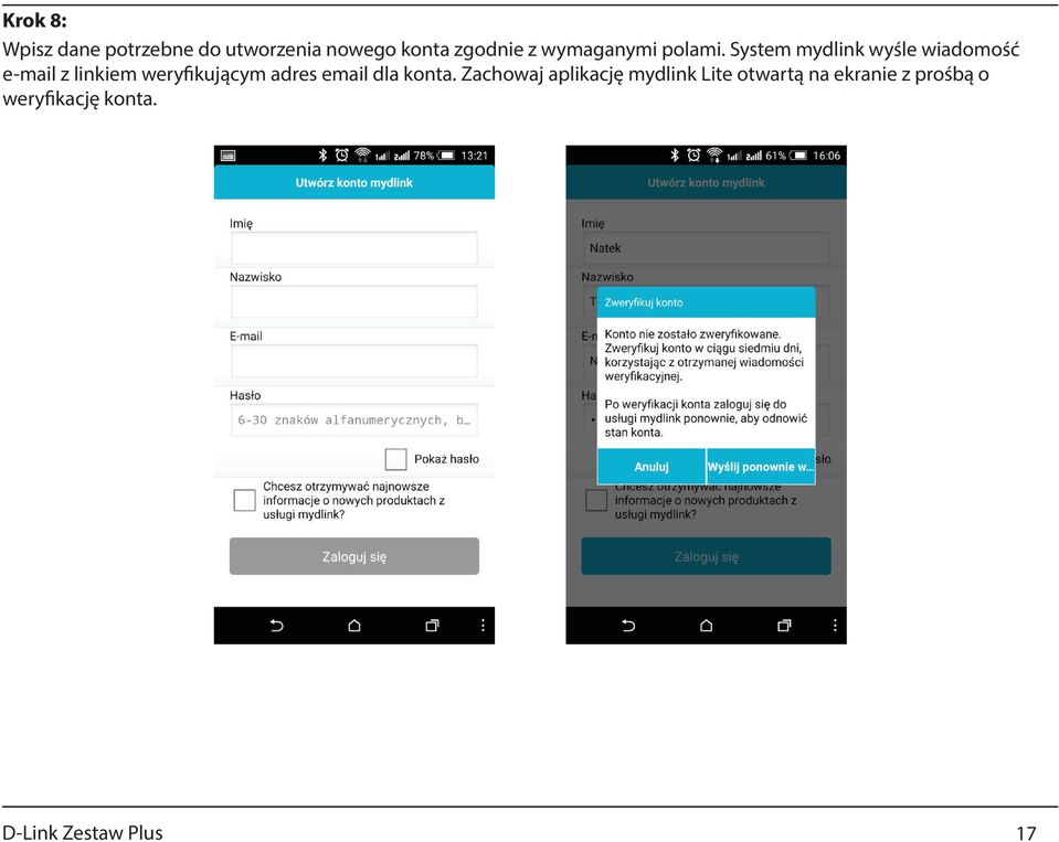 System mydlink wyśle wiadomość e-mail z linkiem weryfikującym adres
