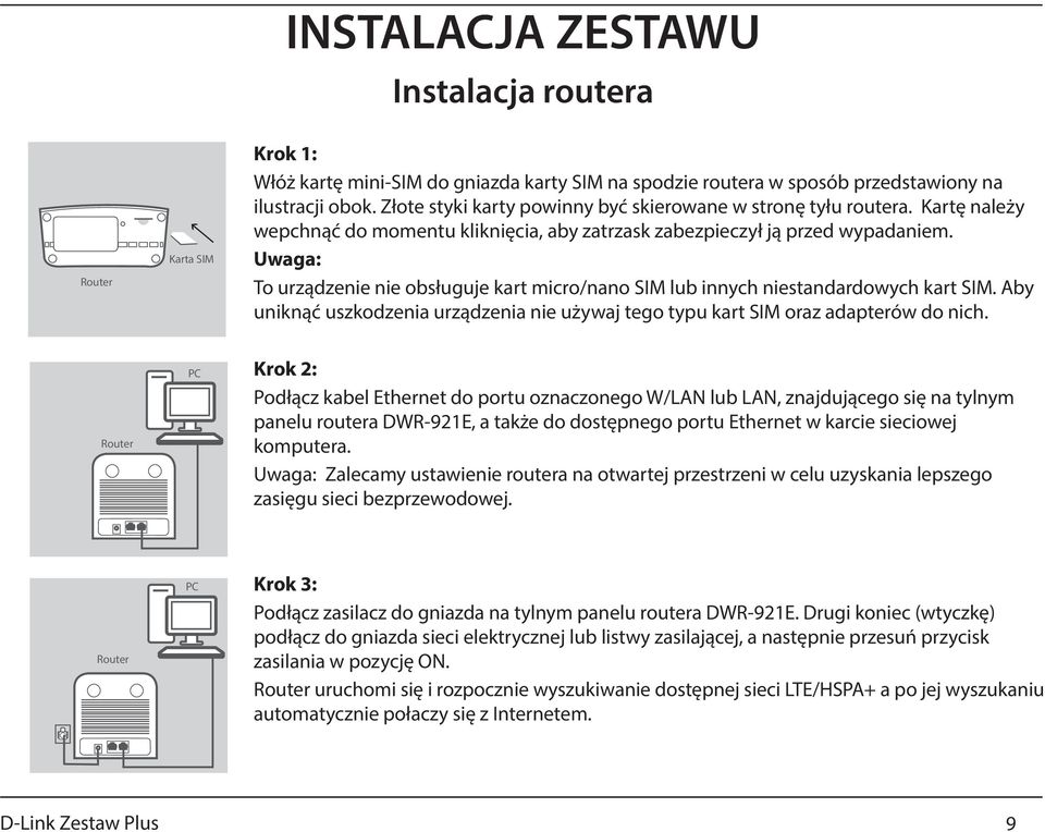 Uwaga: To urządzenie nie obsługuje kart micro/nano SIM lub innych niestandardowych kart SIM. Aby uniknąć uszkodzenia urządzenia nie używaj tego typu kart SIM oraz adapterów do nich.