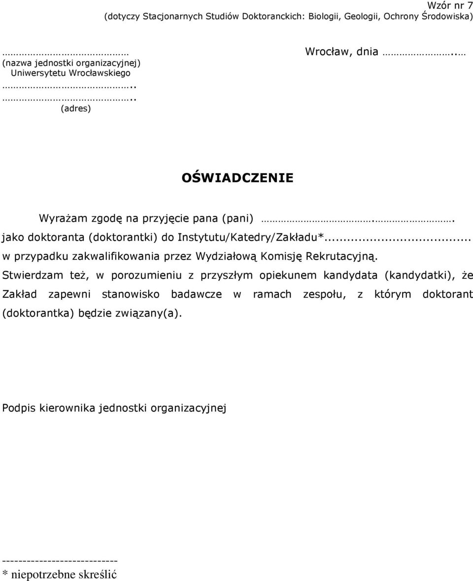 .. w przypadku zakwalifikowania przez Wydziałową Komisję Rekrutacyjną.