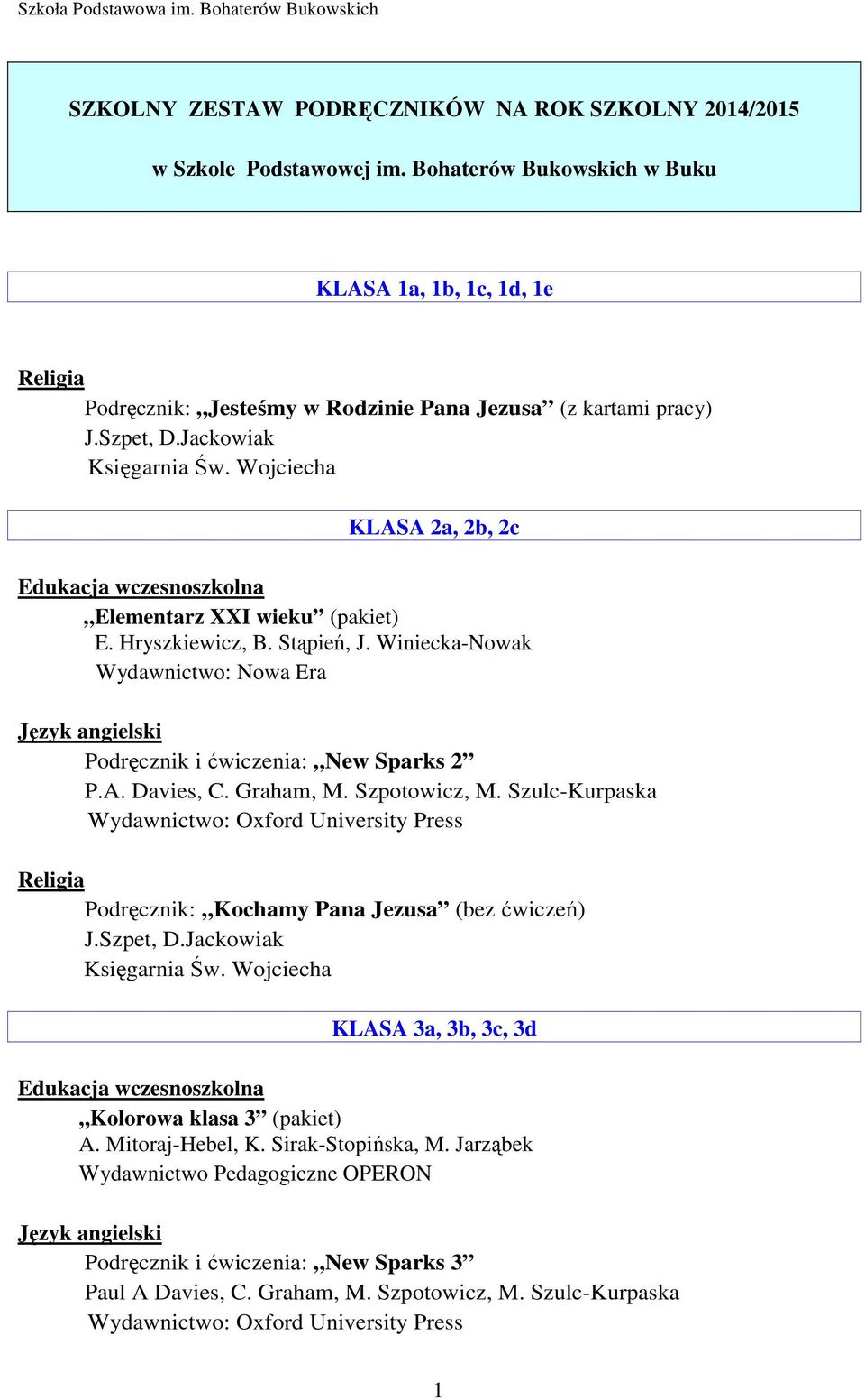 Jackowiak KLASA 2a, 2b, 2c Edukacja wczesnoszkolna Elementarz XXI wieku (pakiet) E. Hryszkiewicz, B. Stąpień, J. Winiecka-Nowak Podręcznik i ćwiczenia: New Sparks 2 P.A. Davies, C.