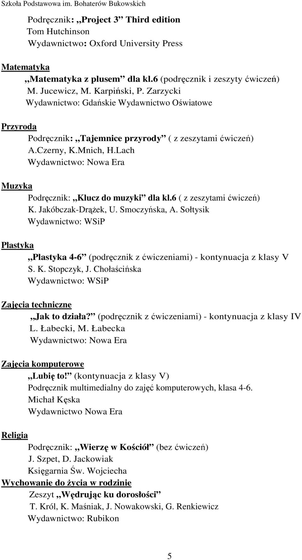 6 ( z zeszytami ćwiczeń) K. Jakóbczak-Drążek, U. Smoczyńska, A. Sołtysik Plastyka Plastyka 4-6 (podręcznik z ćwiczeniami) - kontynuacja z klasy V S. K. Stopczyk, J.