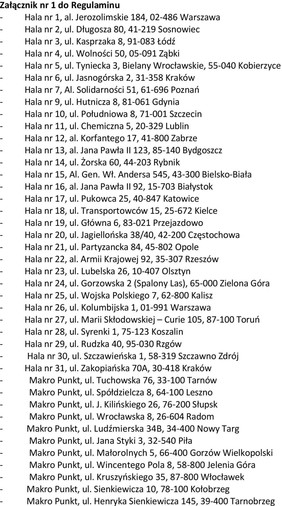 Solidarności 51, 61-696 Poznań - Hala nr 9, ul. Hutnicza 8, 81-061 Gdynia - Hala nr 10, ul. Południowa 8, 71-001 Szczecin - Hala nr 11, ul. Chemiczna 5, 20-329 Lublin - Hala nr 12, al.