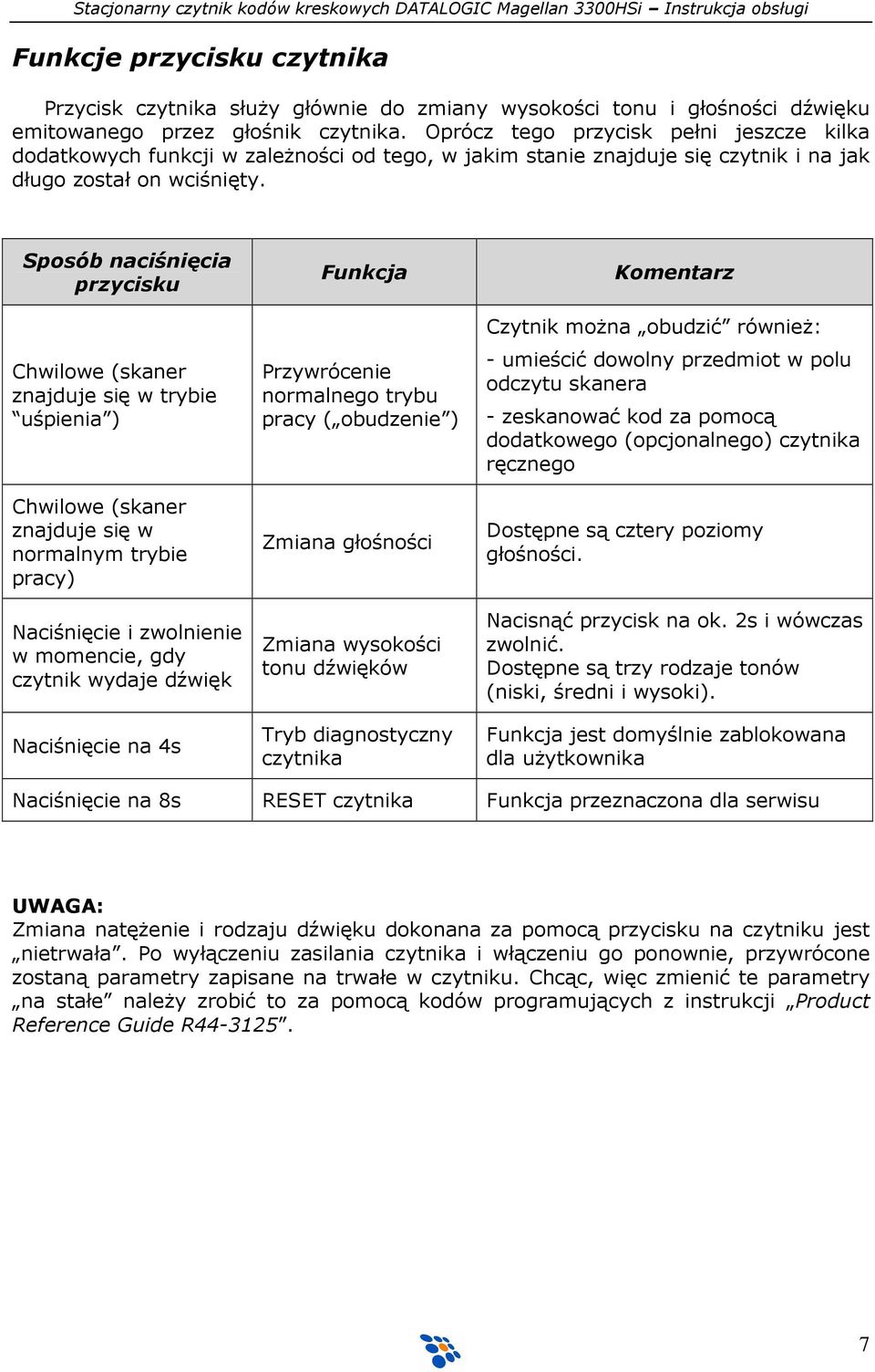 Sposób naciśnięcia przycisku Chwilowe (skaner znajduje się w trybie uśpienia ) Chwilowe (skaner znajduje się w normalnym trybie pracy) Naciśnięcie i zwolnienie w momencie, gdy czytnik wydaje dźwięk