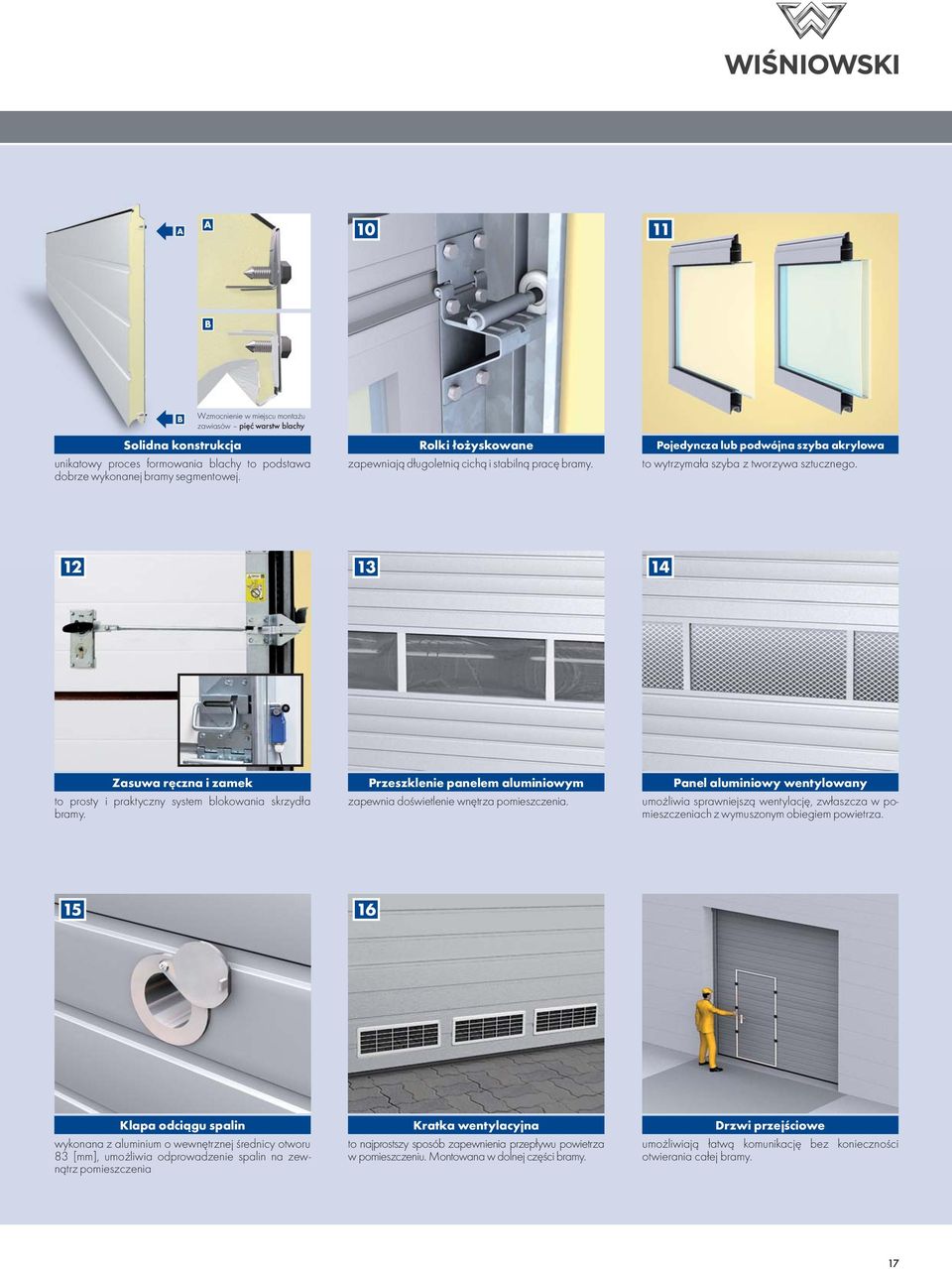 12 13 14 Zasuwa ręczna i zamek to prosty i praktyczny system blokowania skrzydła bramy. Przeszklenie panelem aluminiowym zapewnia doświetlenie wnętrza pomieszczenia.