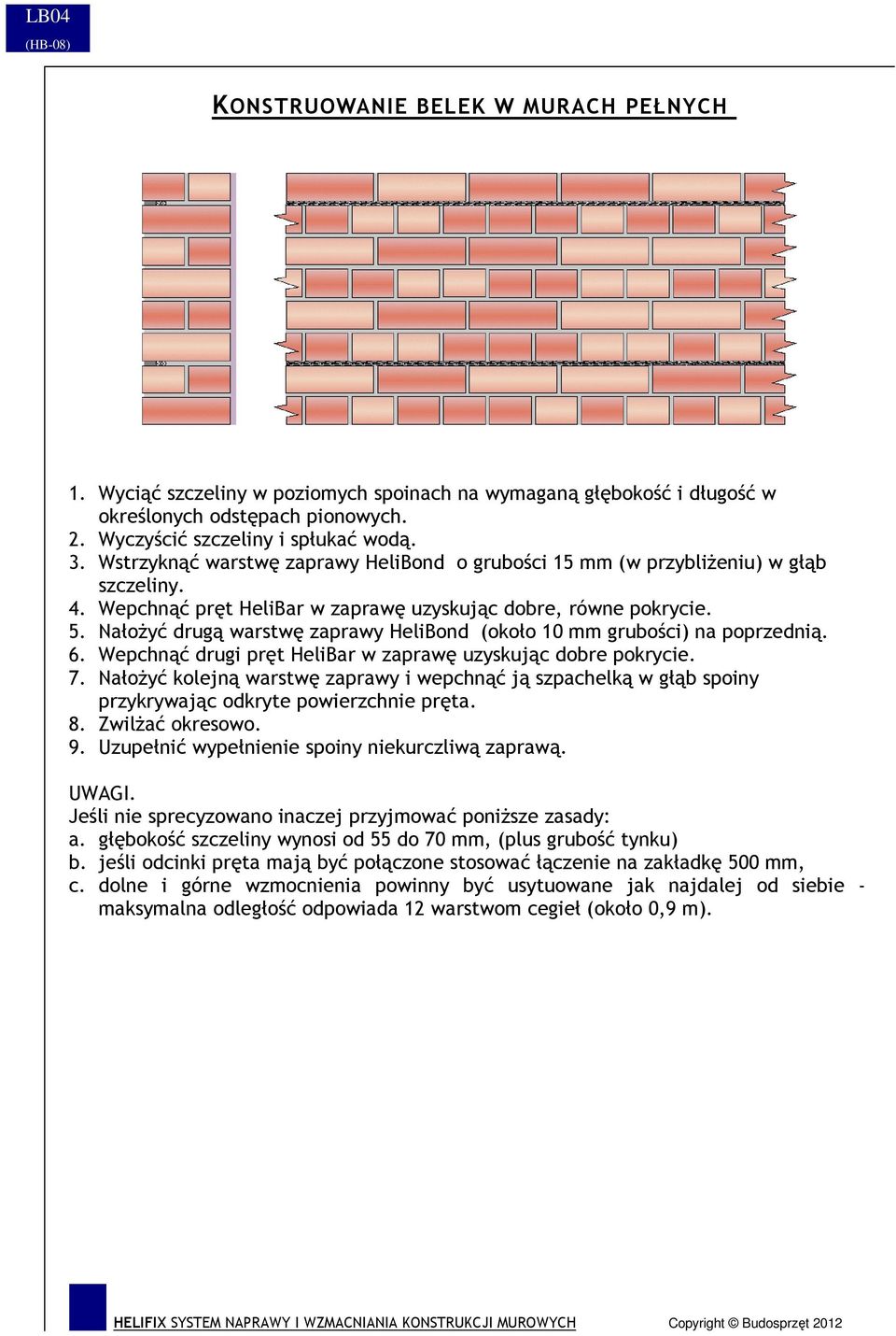 NałoŜyć drugą warstwę zaprawy HeliBond (około 10 mm grubości) na poprzednią. 6. Wepchnąć drugi pręt HeliBar w zaprawę uzyskując dobre pokrycie. 7.