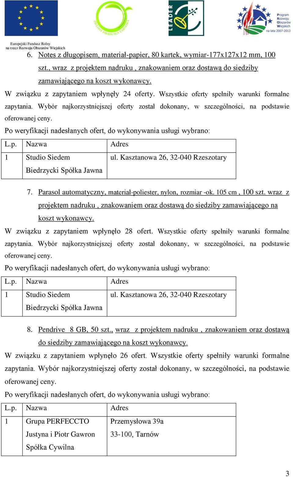 wraz z projektem nadruku, znakowaniem oraz dostawą do siedziby zamawiającego na koszt wykonawcy. W związku z zapytaniem wpłynęło 28 ofert. Wszystkie oferty spełniły warunki formalne 8.