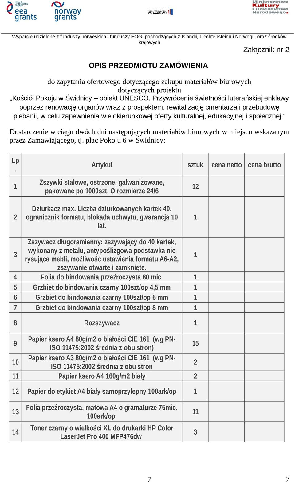 edukacyjnej i społecznej. Dostarczenie w ciągu dwóch dni następujących materiałów biurowych w miejscu wskazanym przez Zamawiającego, tj. plac Pokoju 6 w Świdnicy: Lp.