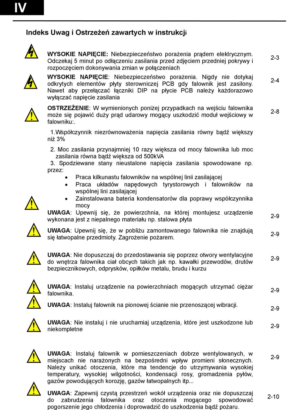 Nigdy nie dotykaj odkrytych elementów płyty sterowniczej PCB gdy falownik jest zasilony.