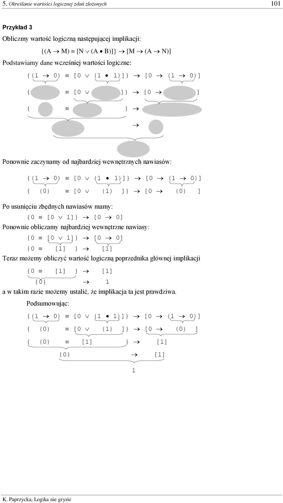 () ]} [0 (0) ] Po usunięciu zbędnych nawiasów mamy: {0 [0 ]} [0 0] Ponownie obliczamy najbardziej wewnętrzne nawiasy: {0 [0 ]} [0 0] {0 [] } [] Teraz możemy obliczyć wartość logiczną