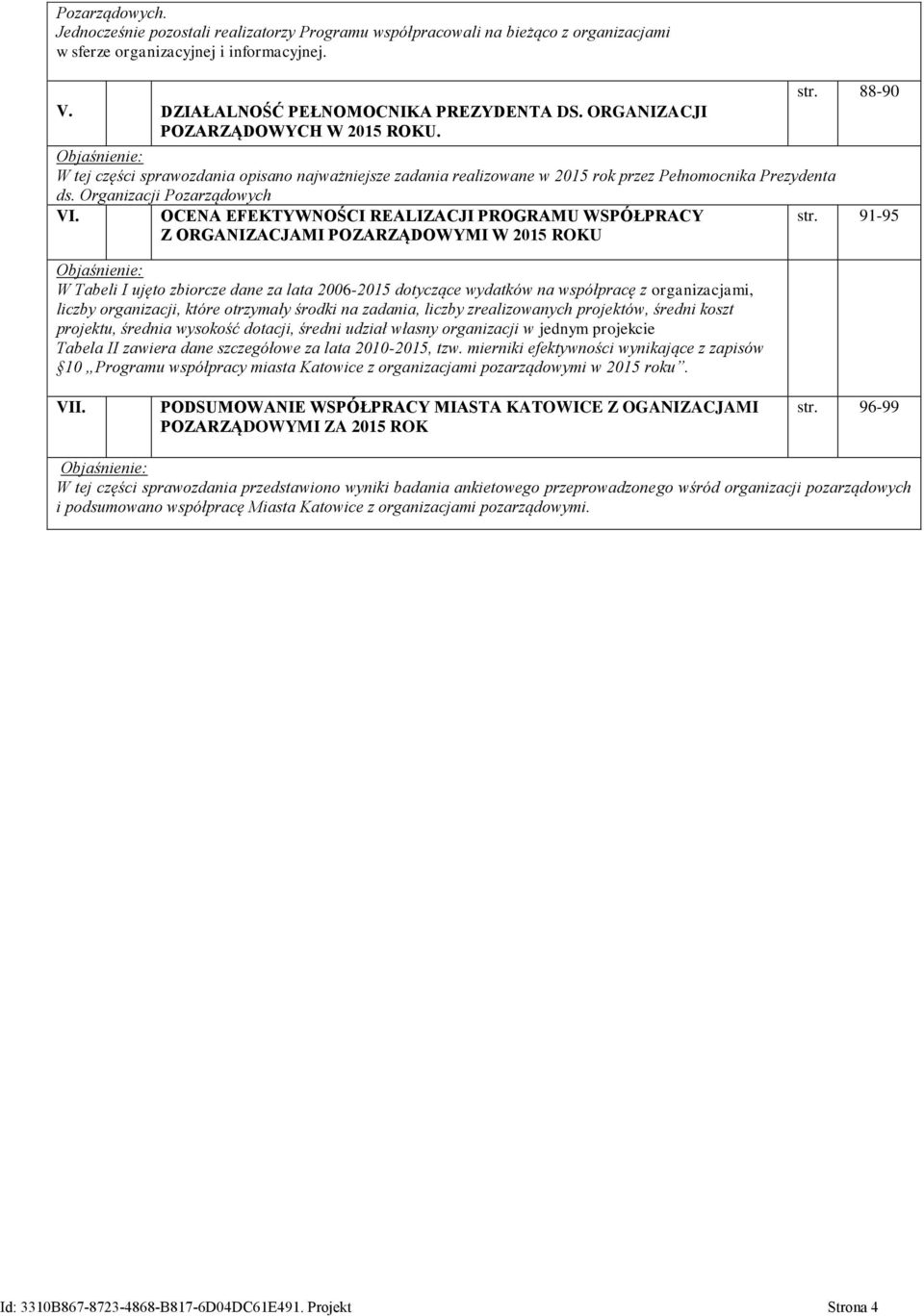 Organizacji Pozarządowych VI. OCENA EFEKTYWNOŚCI REALIZACJI PROGRAMU WSPÓŁPRACY Z ORGANIZACJAMI POZARZĄDOWYMI W 2015 ROKU str.