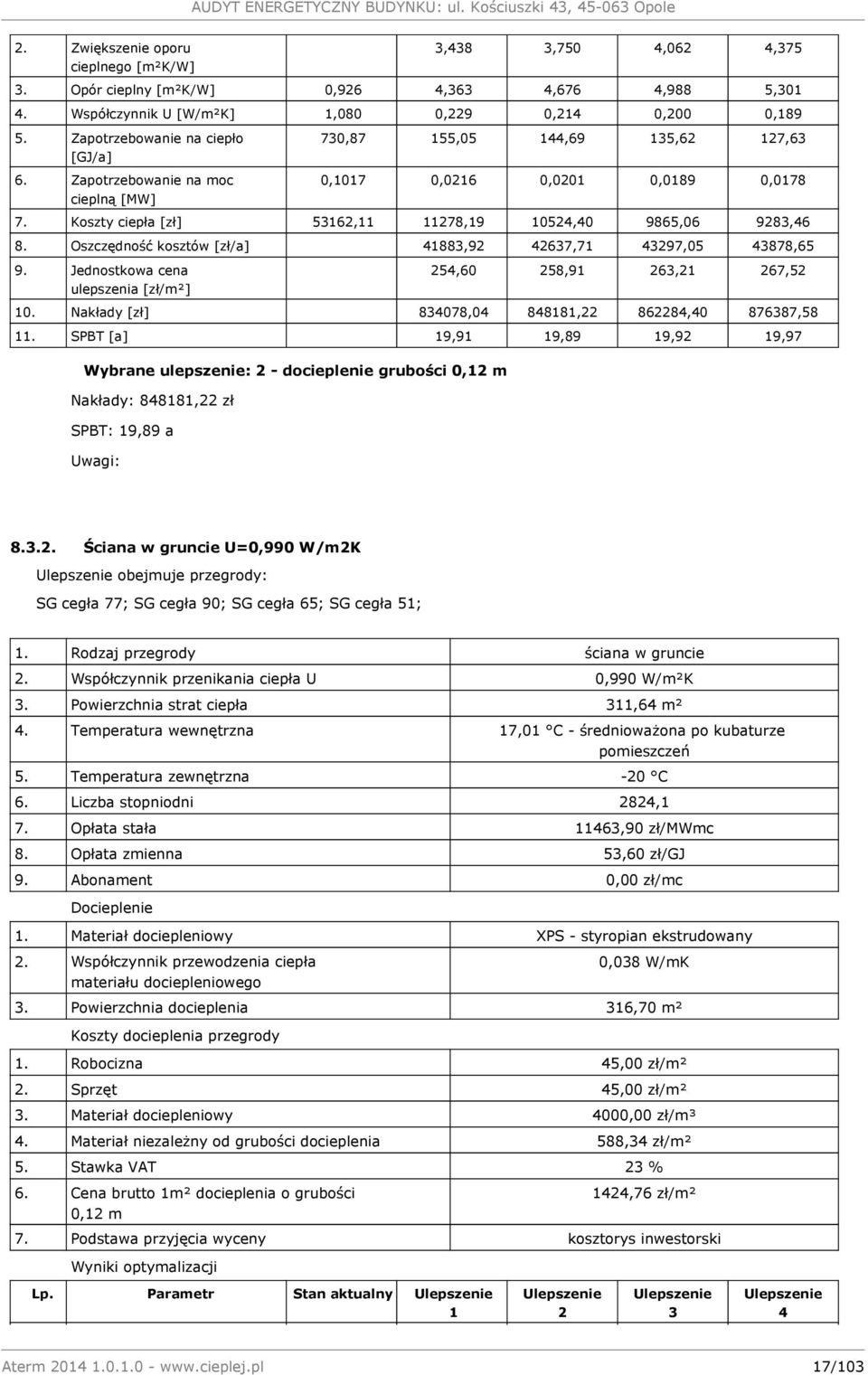 Koszty ciepła [zł] 53162,11 11278,19 10524,40 9865,06 9283,46 8. Oszczędność kosztów [zł/a] 41883,92 42637,71 43297,05 43878,65 9. Jednostkowa cena ulepszenia [zł/m²] 254,60 258,91 263,21 267,52 10.