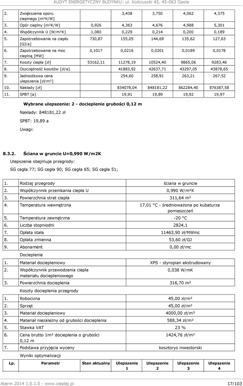 Koszty ciepła [zł] 53162,11 11278,19 10524,40 9865,06 9283,46 8. Oszczędność kosztów [zł/a] 41883,92 42637,71 43297,05 43878,65 9. Jednostkowa cena ulepszenia [zł/m²] 254,60 258,91 263,21 267,52 10.