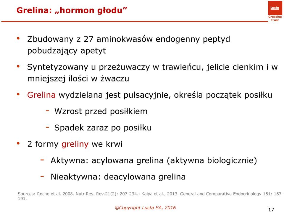 posiłkiem - Spadek zaraz po posiłku 2 formy greliny we krwi - Aktywna: acylowana grelina (aktywna biologicznie) - Nieaktywna: