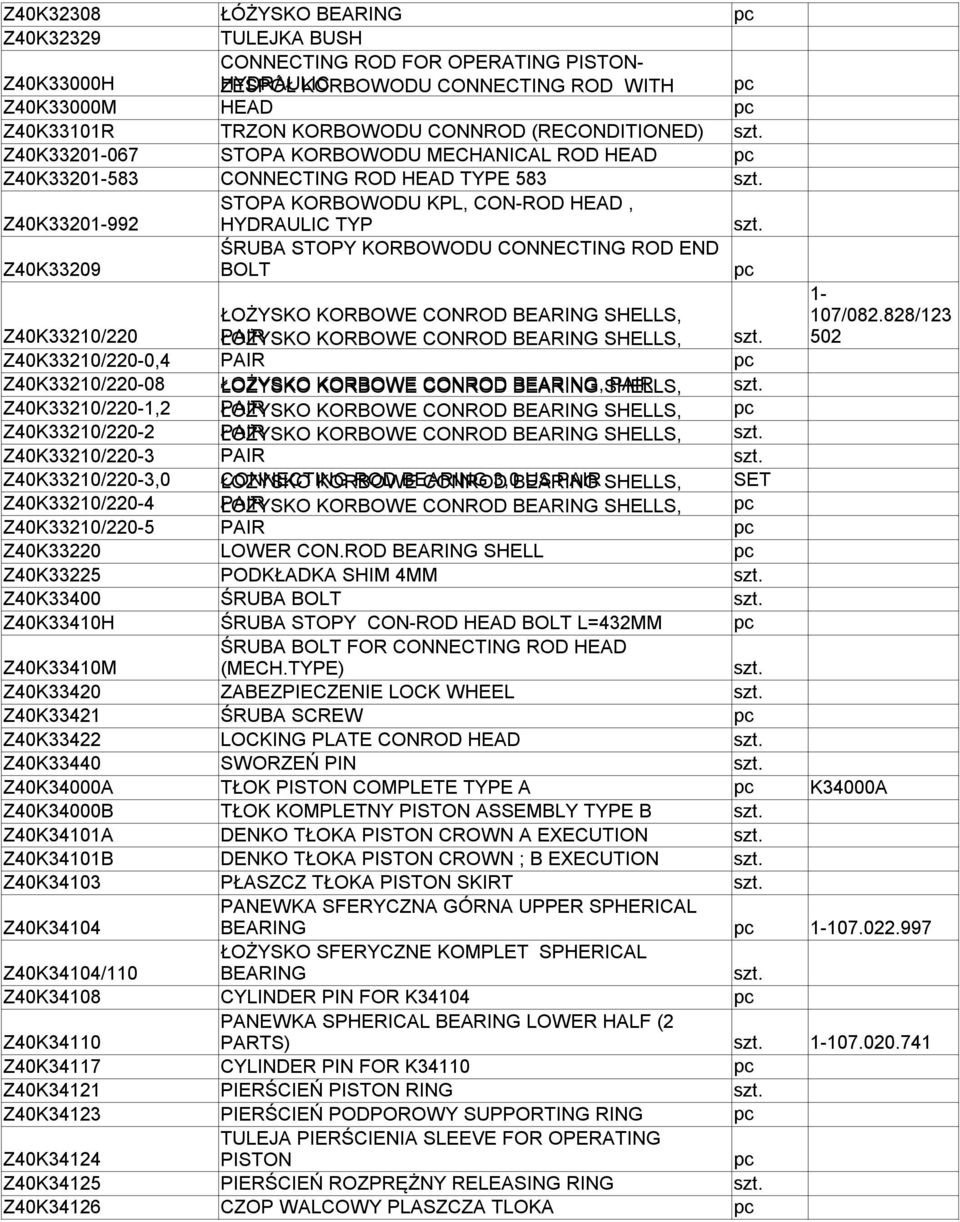 KORBOWODU CONNECTING ROD END BOLT 1- Z40K33210/220 ŁOŻYSKO KORBOWE CONROD BEARING SHELLS, PAIR ŁOŻYSKO KORBOWE CONROD BEARING SHELLS, 107/082.