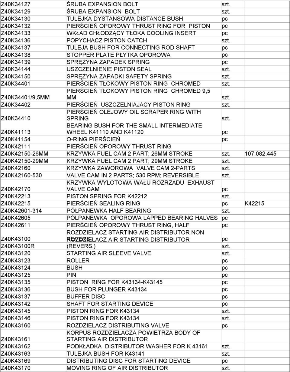 Z40K34150 SPRĘŻYNA ZAPADKI SAFETY SPRING Z40K34401 PIERŚCIEŃ TŁOKOWY PISTON RING CHROMED Z40K34401/9,5MM PIERŚCIEŃ TŁOKOWY PISTON RING CHROMED 9,5 MM Z40K34402 PIERŚCIEŃ USZCZELNIAJACY PISTON RING