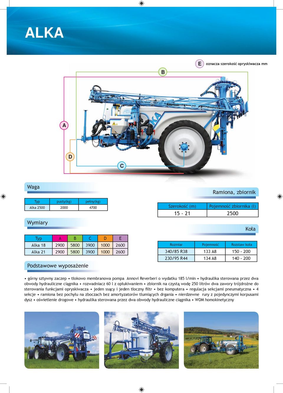 membranowa pompa Annovi Reverberi o wydatku 185 l/min hydraulika sterowana przez dwa obwody hydrauliczne ciągnika rozwadniacz 60 l z opłukiwaniem zbiornik na czystą wodę 250 litrów dwa zawory