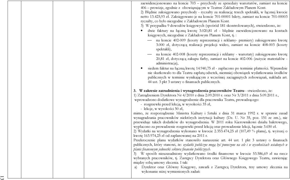 Zaksięgowano je na koncie 701-00001 bilety, zamiast na koncie 701-00003 ryczałty, co było niezgodne z Zakładowym Planem Kont.