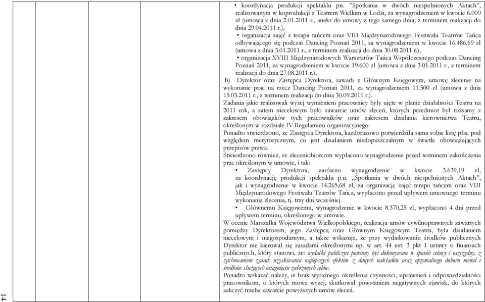 ), organizacja zajęć z terapii tańcem oraz VIII Międzynarodowego Festiwalu Teatrów Tańca odbywającego się podczas Dancing Poznań 2011, za wynagrodzeniem w kwocie 16.486,69 zł (umowa z dnia 3.01.2011 r.
