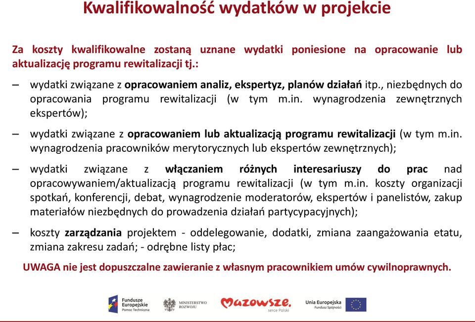 wynagrodzenia zewnętrznych ekspertów); wydatki związane z opracowaniem lub aktualizacją programu rewitalizacji (w tym m.in.