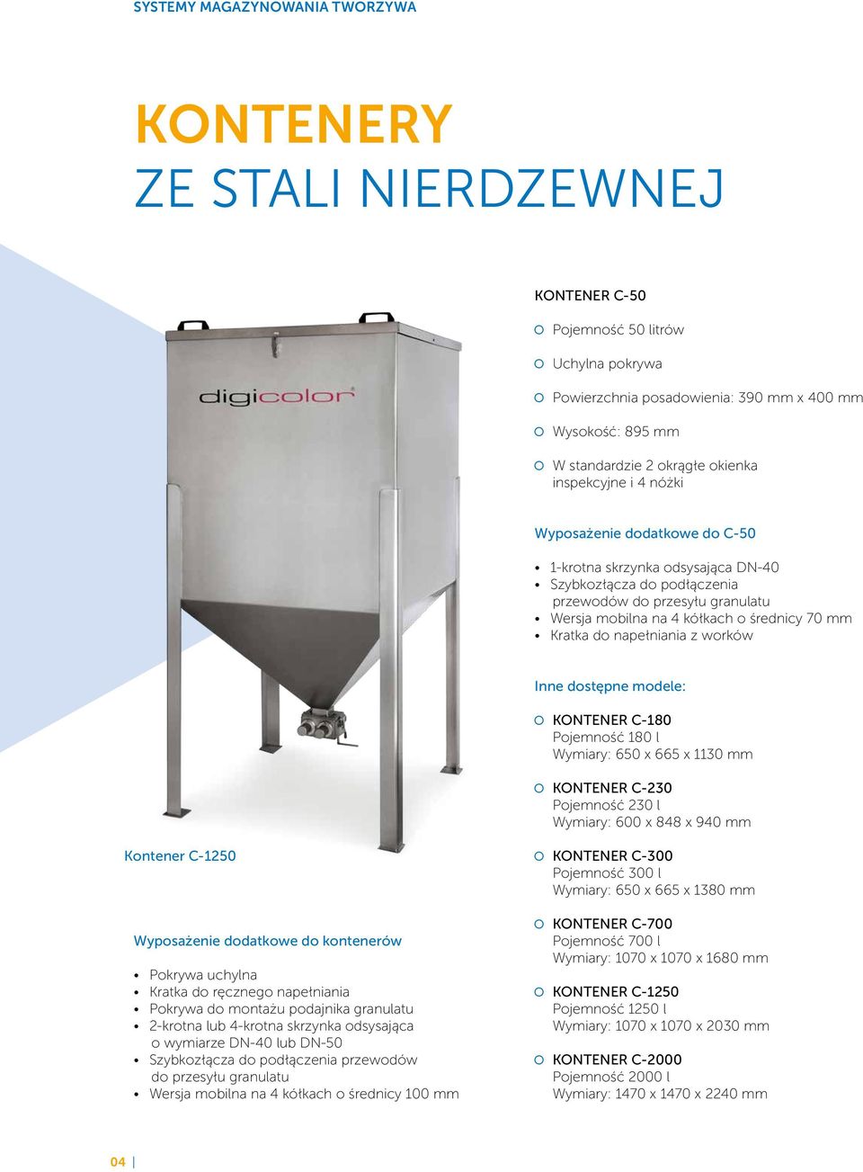 Kratka do napełniania z worków Inne dostępne modele: KONTENER C-180 Pojemność 180 l Wymiary: 650 x 665 x 1130 mm KONTENER C-230 Pojemność 230 l Wymiary: 600 x 848 x 940 mm Kontener C-1250 Wyposażenie
