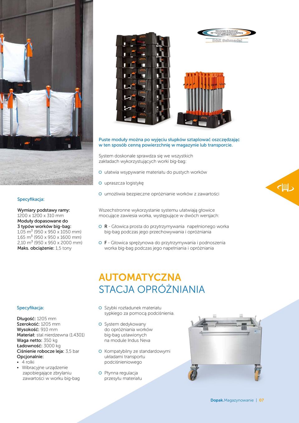 1200 x 310 mm Moduły dopasowane do 3 typów worków big-bag: 1,05 m³ (950 x 950 x 1050 mm) 1,65 m³ (950 x 950 x 1600 mm) 2,10 m³ (950 x 950 x 2000 mm) Maks.