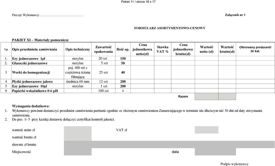 400 ml z częściową ścianą 25 szt 40 filtrującą 4 Płytki jednorazowe jałowe średnica 60 mm 2 szt 200 5 Ezy jednorazowe 0µl sterylne szt 200 6 Papierki wskaźnikowe