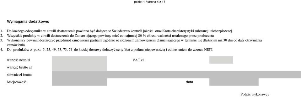 Wszystkie produkty w chwili dostarczenia do Zamawiającego powinny mieć co najmniej 80 % okresu ważności ustalonego przez producenta. 3.