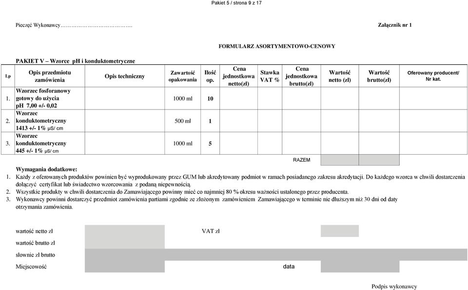 µs/ cm Opis techniczny op. 000 ml 0 500 ml 000 ml 5 RAZEM Nr kat.. Każdy z oferowanych produktów powinien być wyprodukowany przez GUM lub akredytowany podmiot w ramach posiadanego zakresu akredytacji.