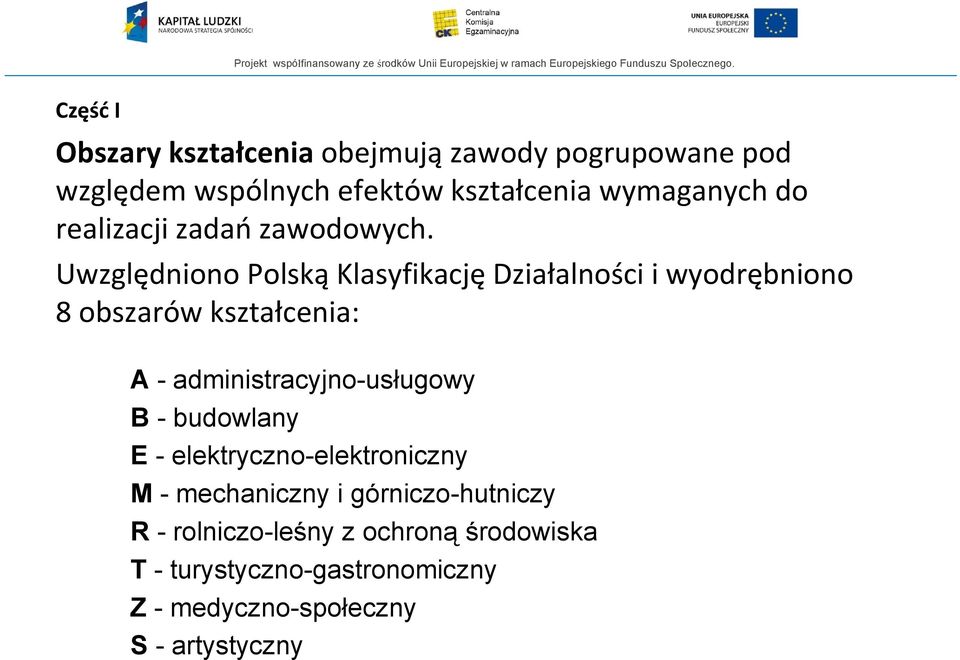 Uwzględniono Polską Klasyfikację Działalności i wyodrębniono 8 obszarów kształcenia: A -